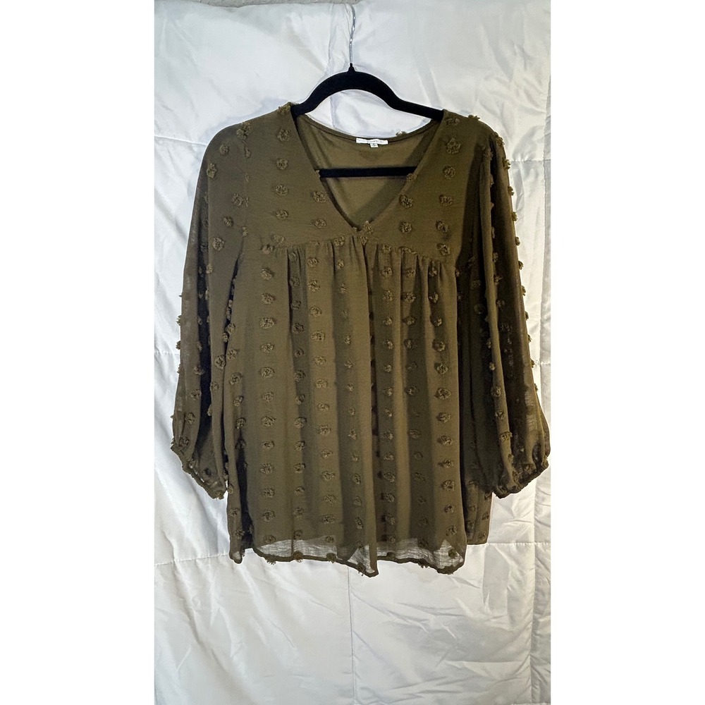 JODIFL Olive Green Textured Pom Pom V Neck Babydoll Tunic Top Size S
